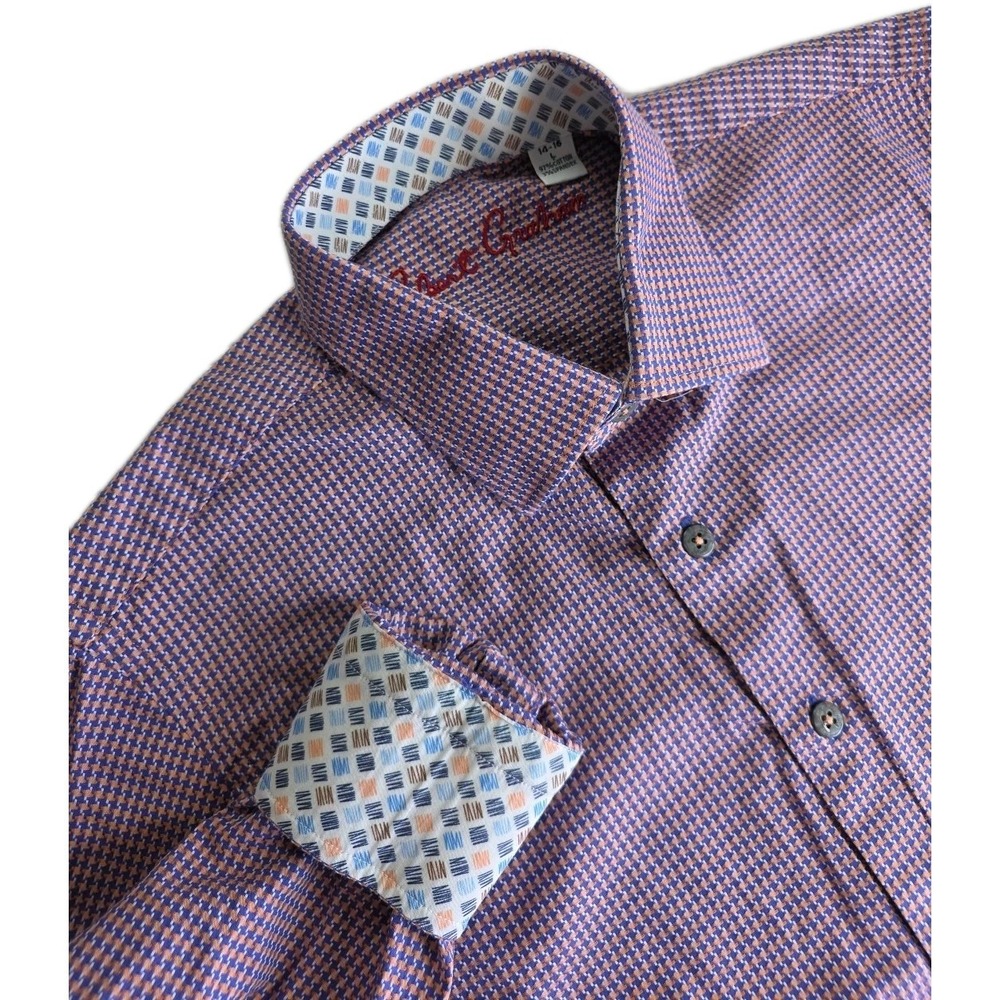 Robert Graham Boys Dress Shirt Sz L 14-16 Button Up Long Sleeve Contrast Cuffs